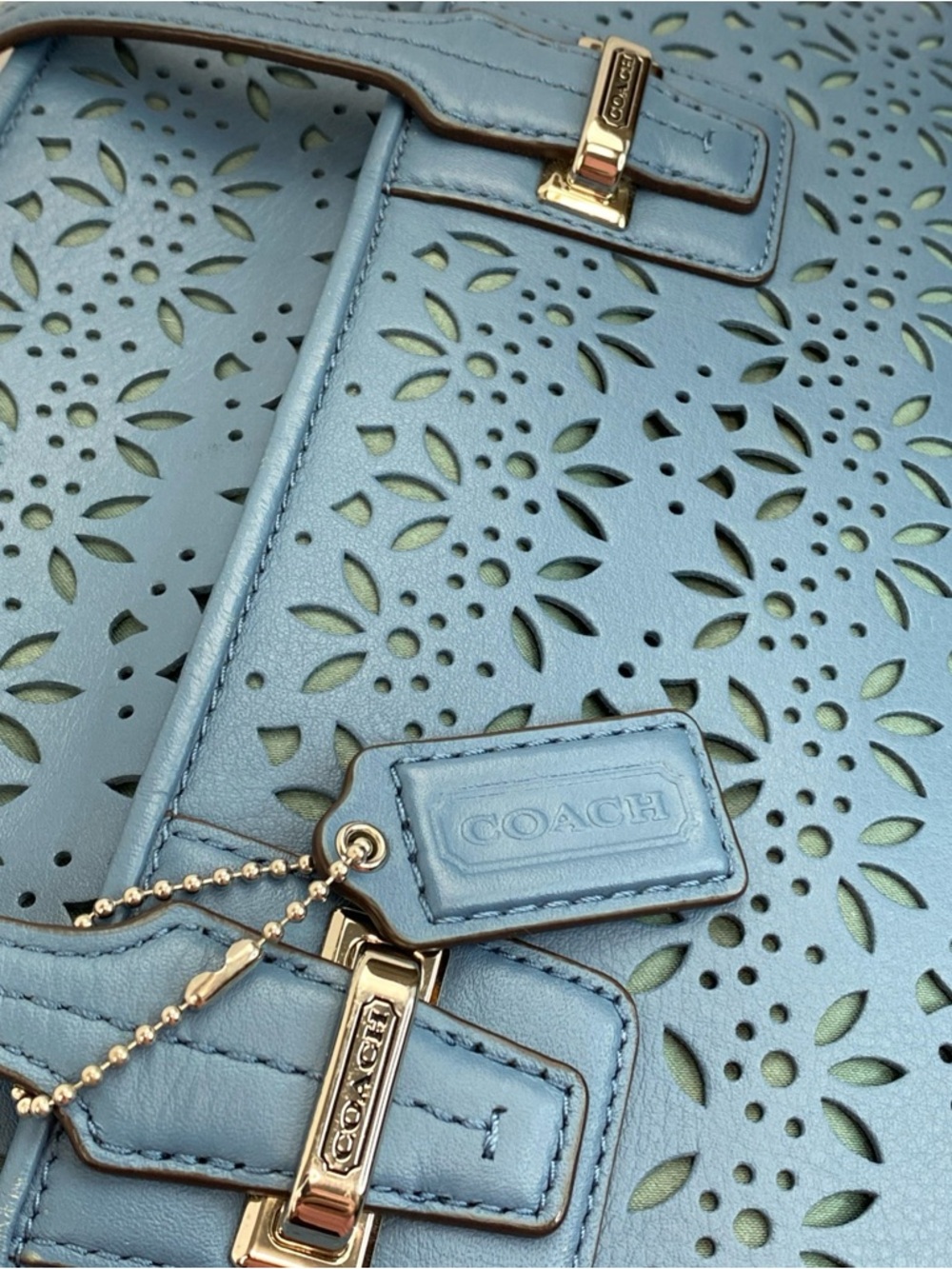 Coach Slate Blue Taylor Eyelet Leather 2 Handle Satchel F27391 Handbag Purse - Picture 11 of 15